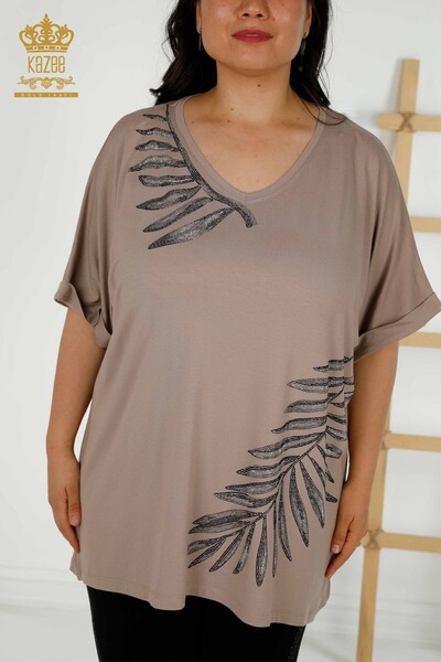 Wholesale Women's Blouse - Leaf Patterned - Mink - 79319 | KAZEE - Thumbnail