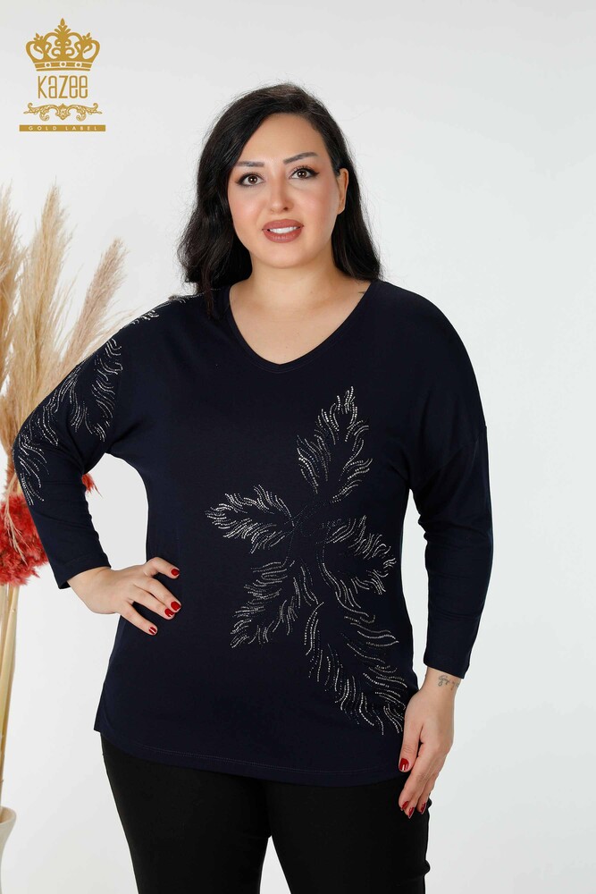 Wholesale Women's Blouse Leaf Patterned Navy - 77970 | KAZEE - 1