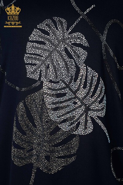 Wholesale Women's Blouse Leaf Patterned Navy - 78946 | KAZEE - 3