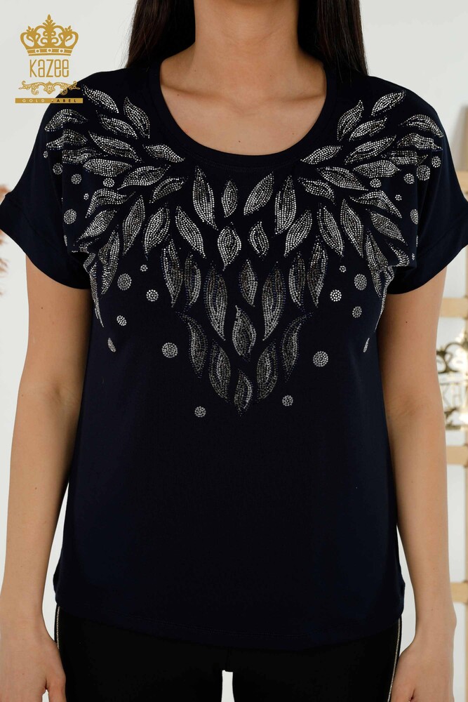 Wholesale Women's Blouse - Leaf Patterned - Navy Blue - 79053 | KAZEE - 2