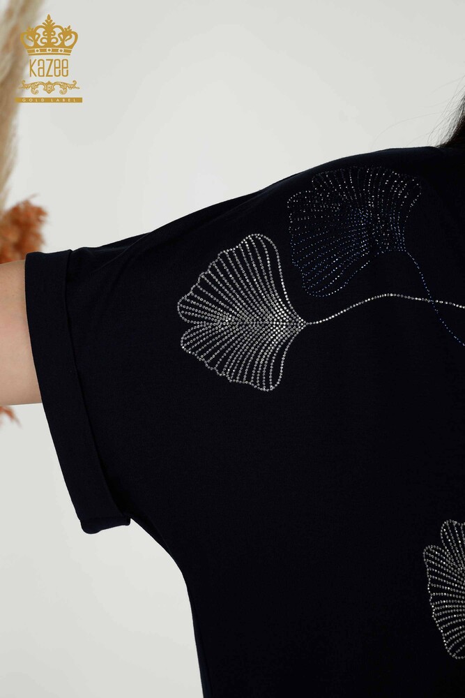 Wholesale Women's Blouse - Leaf Patterned - Navy Blue - 79318 | KAZEE - 6