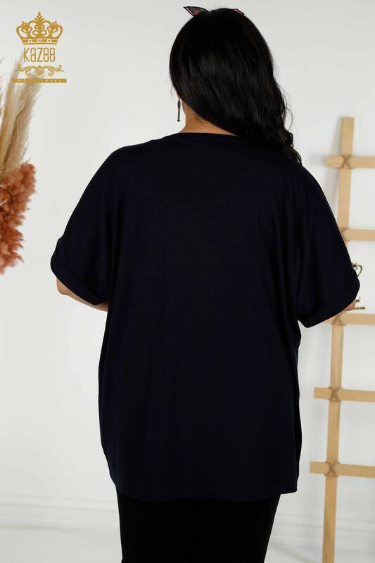 Wholesale Women's Blouse - Leaf Patterned - Navy - 79319 | KAZEE