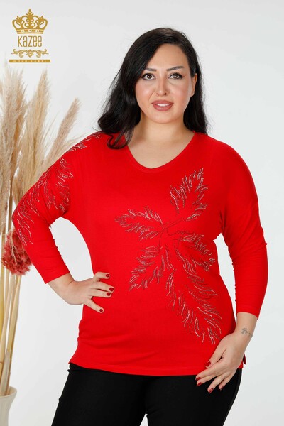 Wholesale Women's Blouse Leaf Pattern Red - 77970 | KAZEE - Thumbnail