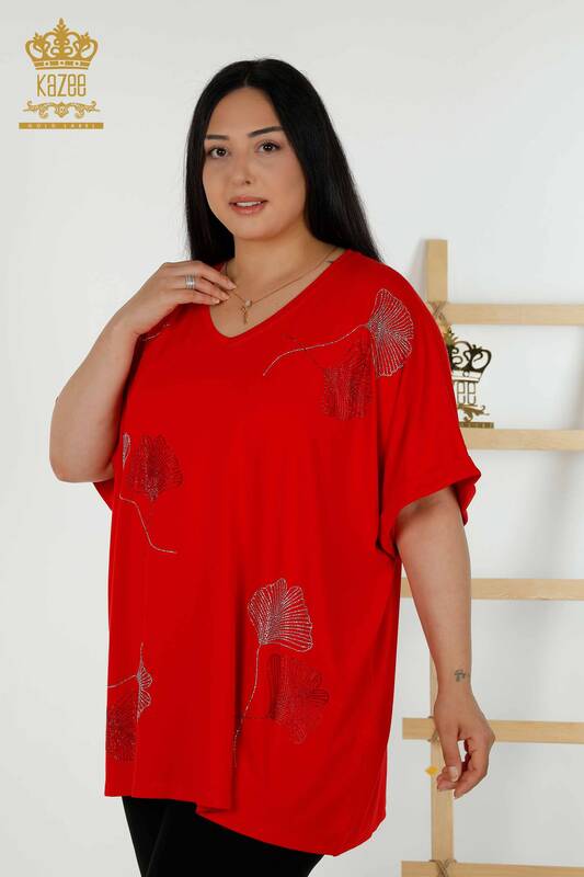 Wholesale Women's Blouse - Leaf Patterned - Red - 79318 | KAZEE