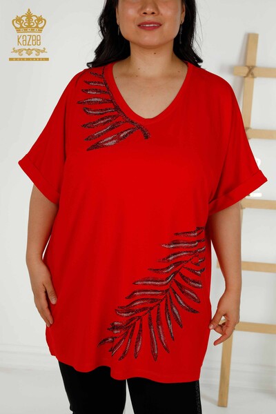 Wholesale Women's Blouse - Leaf Patterned - Red - 79319 | KAZEE - Thumbnail