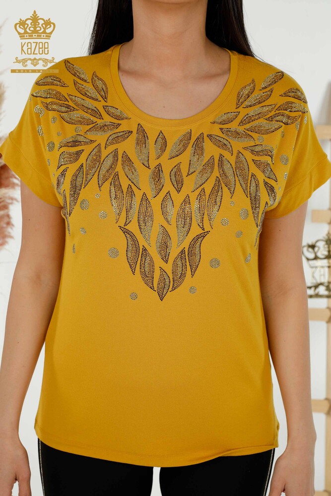 Wholesale Women's Blouse - Leaf Patterned - Saffron - 79053 | KAZEE - 2