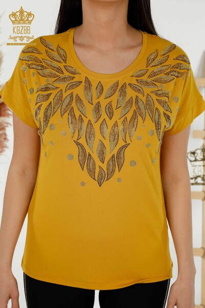 Wholesale Women's Blouse - Leaf Patterned - Saffron - 79053 | KAZEE - 2