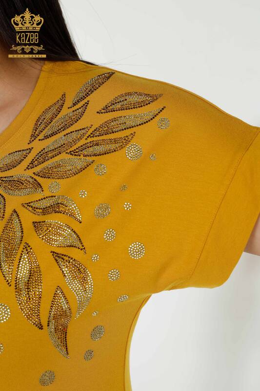 Wholesale Women's Blouse - Leaf Patterned - Saffron - 79053 | KAZEE