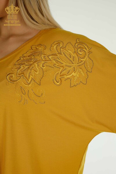Wholesale Women's Blouse - Leaf Patterned - Saffron - 79090 | KAZEE - Thumbnail