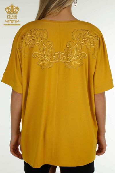 Wholesale Women's Blouse - Leaf Patterned - Saffron - 79090 | KAZEE - Thumbnail