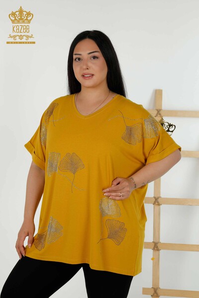 Wholesale Women's Blouse - Leaf Patterned - Saffron - 79318 | KAZEE - Thumbnail