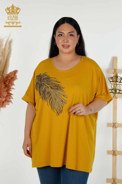 Wholesale Women's Blouse - Leaf Patterned - Saffron - 79322 | KAZEE - Thumbnail