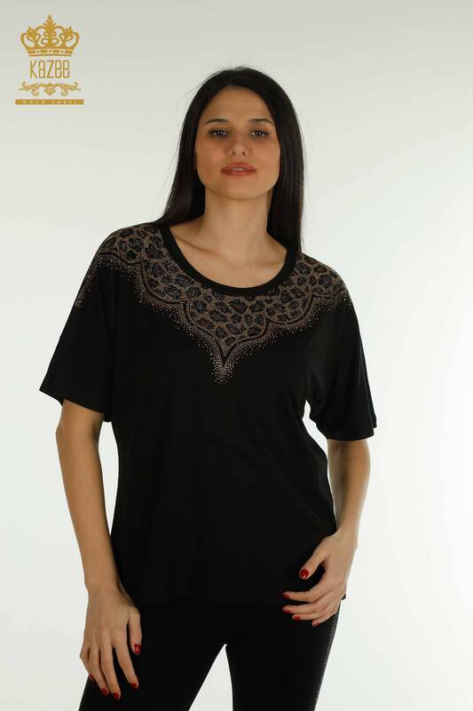 Wholesale Women's Blouse Leopard Embroidered Black - 79367 | KAZEE