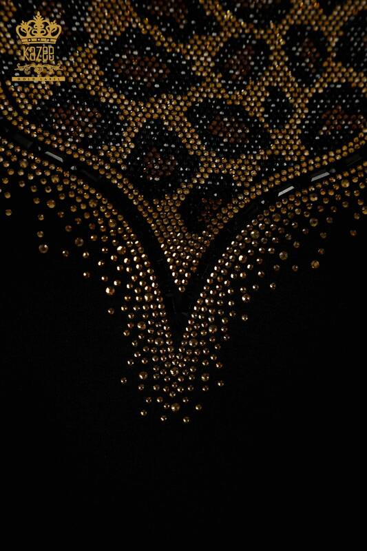 Wholesale Women's Blouse Leopard Embroidered Black - 79367 | KAZEE