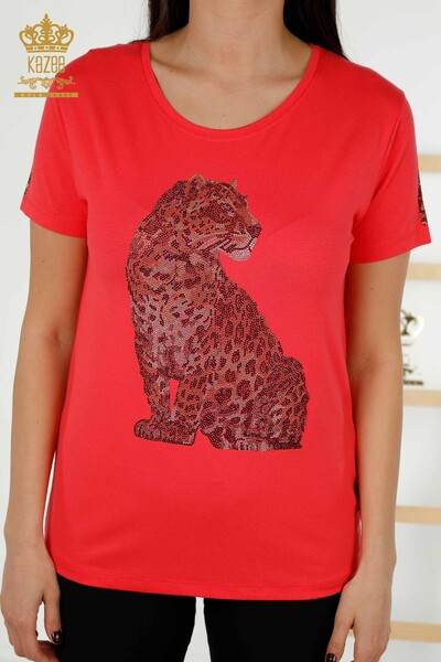 Wholesale Women's Blouse - Leopard Pattern - Coral - 78942 | KAZEE - Thumbnail