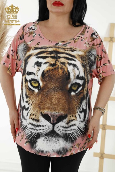 Wholesale Women's Blouse - Leopard Pattern - Dried Rose - 77748 | KAZEE - Thumbnail