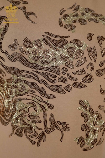 Wholesale Women's Blouse - Leopard Stone Embroidered - Beige - 79066 | KAZEE - Thumbnail