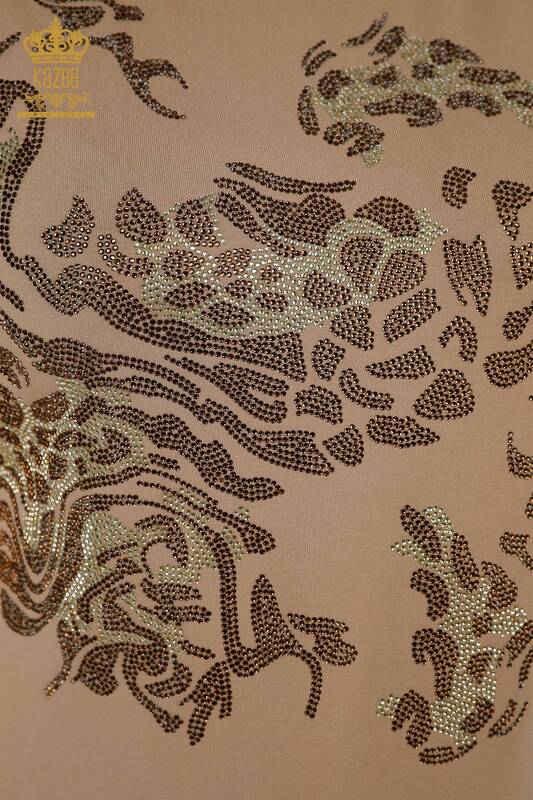 Wholesale Women's Blouse - Leopard Stone Embroidered - Beige - 79066 | KAZEE