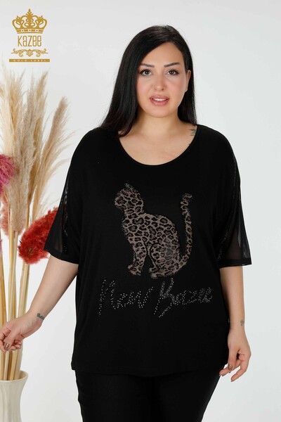 Wholesale Women's Blouse Leopard Stone Embroidered Black - 78865 | KAZEE - Thumbnail