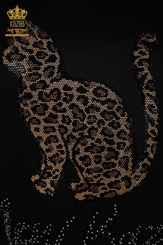 Wholesale Women's Blouse Leopard Stone Embroidered Black - 78865 | KAZEE