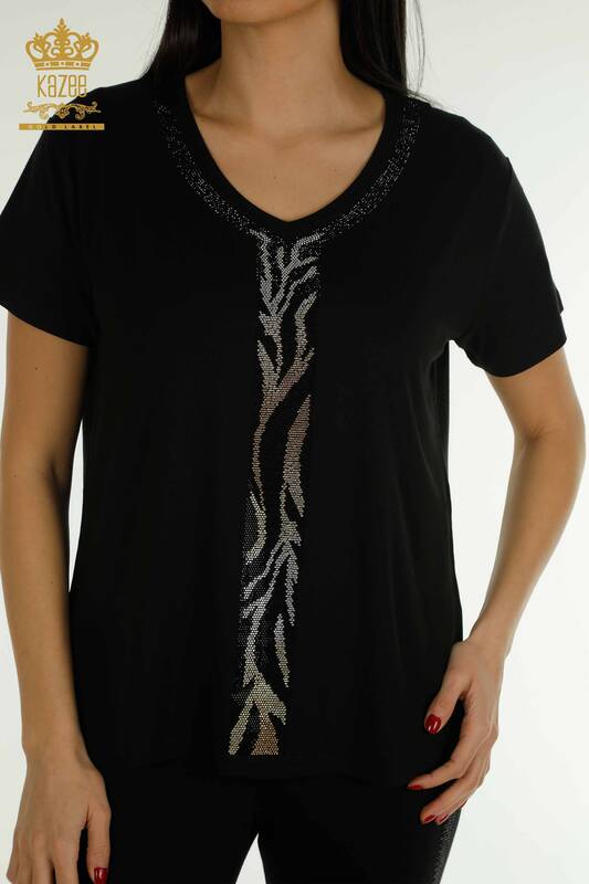 Wholesale Women's Blouse Leopard Stone Embroidered Black - 79242 | KAZEE