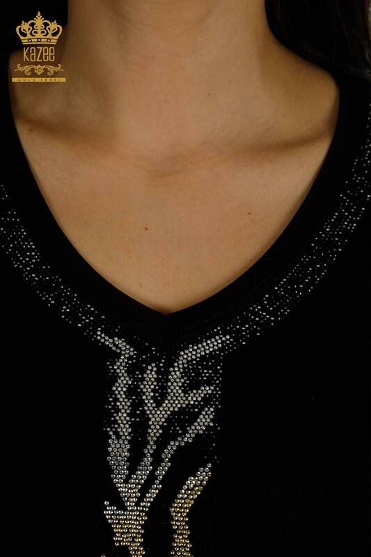 Wholesale Women's Blouse Leopard Stone Embroidered Black - 79242 | KAZEE