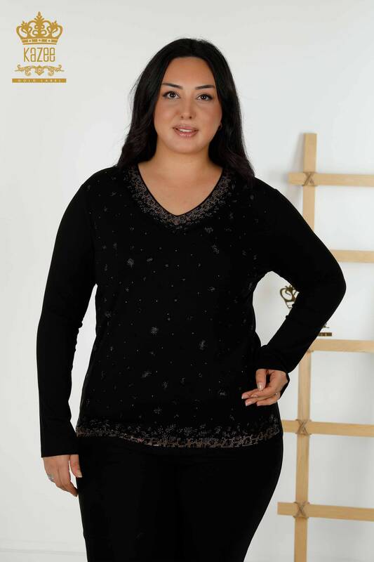 Wholesale Women's Blouse Leopard Stone Embroidered Black - 79377 | KAZEE