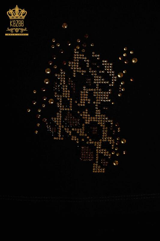 Wholesale Women's Blouse Leopard Stone Embroidered Black - 79383 | KAZEE