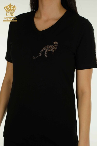 Wholesale Women's Blouse Leopard Stone Embroidered Black - 79484 | KAZEE - Thumbnail