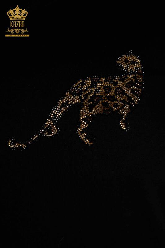 Wholesale Women's Blouse Leopard Stone Embroidered Black - 79484 | KAZEE