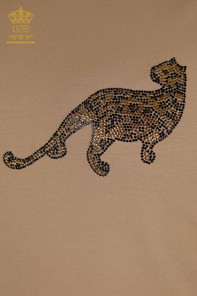 Wholesale Women's Blouse Leopard Stone Embroidered Dark Beige - 79484 | KAZEE - Thumbnail