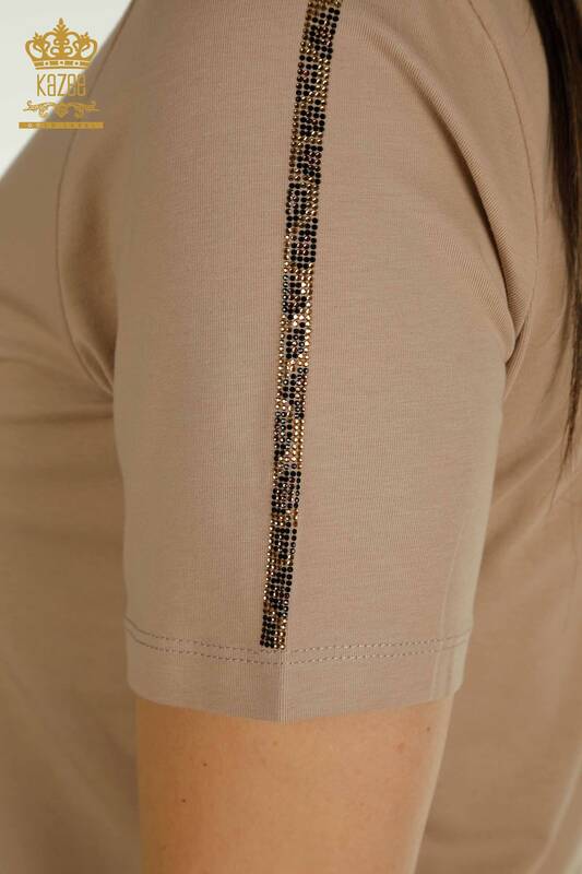 Wholesale Women's Blouse Leopard Stone Embroidered Dark Beige - 79484 | KAZEE