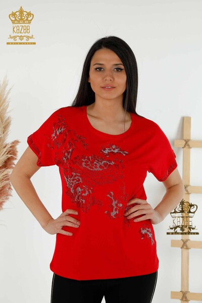Wholesale Women's Blouse - Leopard Stone Embroidered - Red - 79066 | KAZEE - Thumbnail