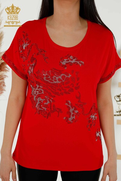 Wholesale Women's Blouse - Leopard Stone Embroidered - Red - 79066 | KAZEE - Thumbnail