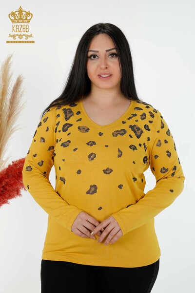Wholesale Women's Blouse Leopard Stone Embroidered Saffron - 79047 | KAZEE - 1