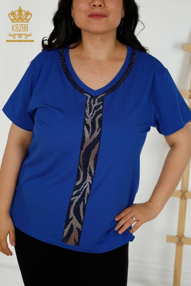 Wholesale Women's Blouse Leopard Stone Embroidered Saks - 79242 | KAZEE - 2