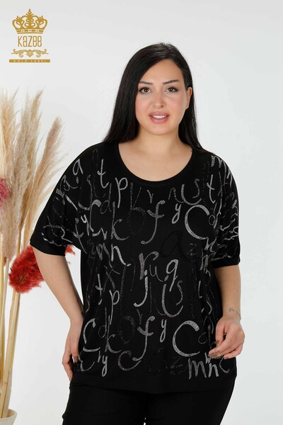 Wholesale Women's Blouse Letter Detailed Black - 78833 | KAZEE 