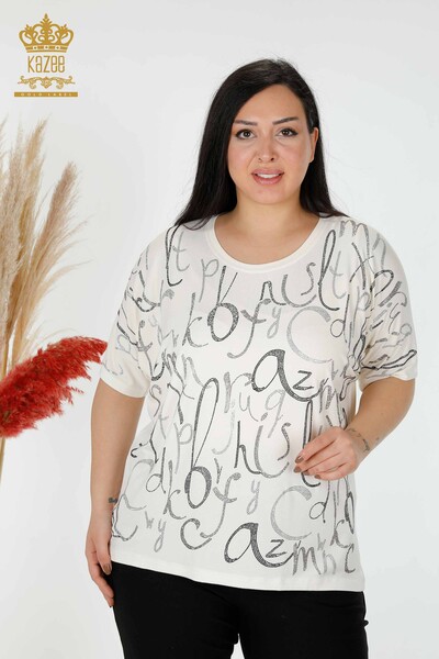 Wholesale Women's Blouse Letter Detailed Ecru - 78833 | KAZEE 