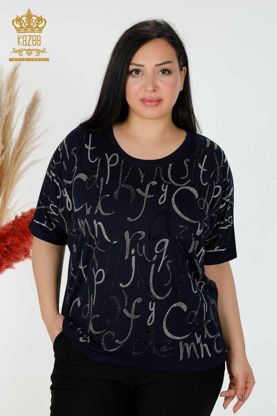 Wholesale Women's Blouse Letter Detail Navy - 78833 | KAZEE 