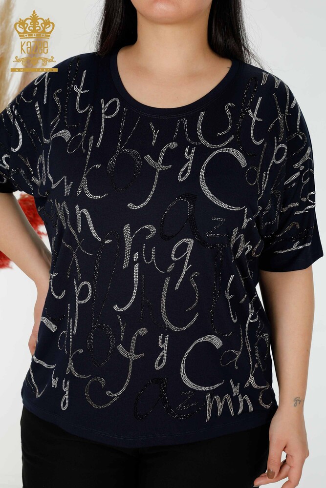 Wholesale Women's Blouse Letter Detail Navy - 78833 | KAZEE - 2