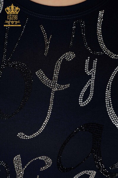 Wholesale Women's Blouse Letter Detail Navy - 78833 | KAZEE - 3