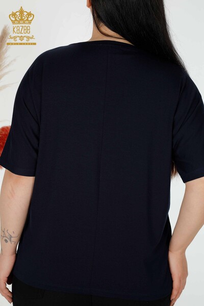 Wholesale Women's Blouse Letter Detail Navy - 78833 | KAZEE - 6