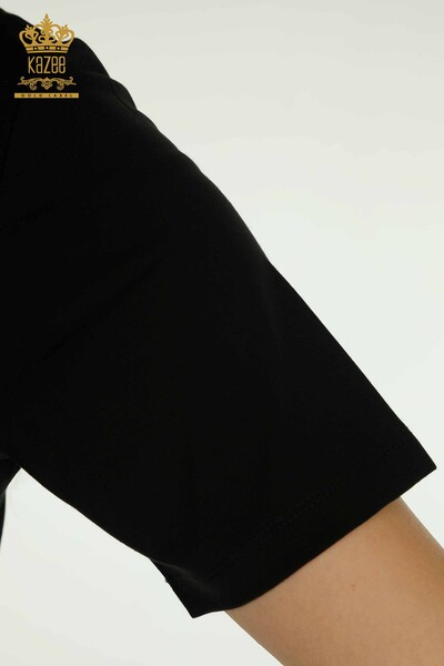 Wholesale Women's Blouse with Letter Detail Black - 79548 | KAZEE - Thumbnail