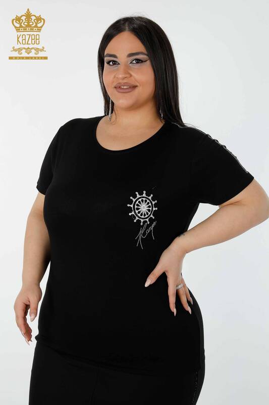 Wholesale Women's Blouse Patterned Black - 78925 | KAZEE