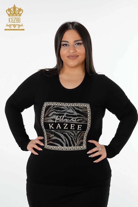 Wholesale Women's Blouse Patterned Black - 78997 | KAZEE