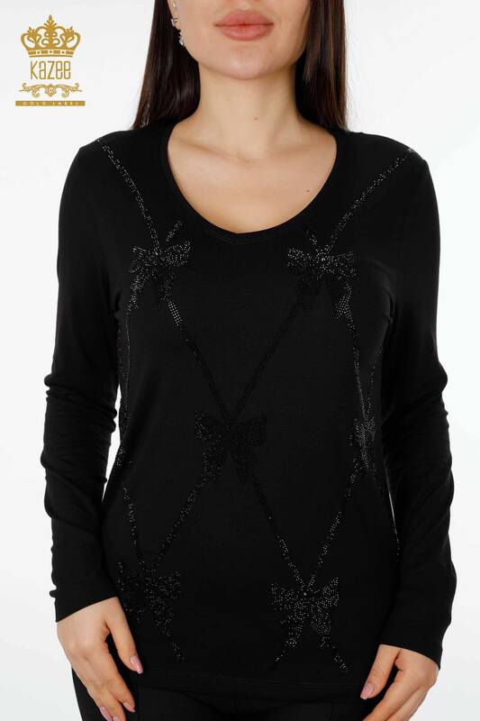 Wholesale Women's Blouse Patterned Black - 79003 | KAZEE
