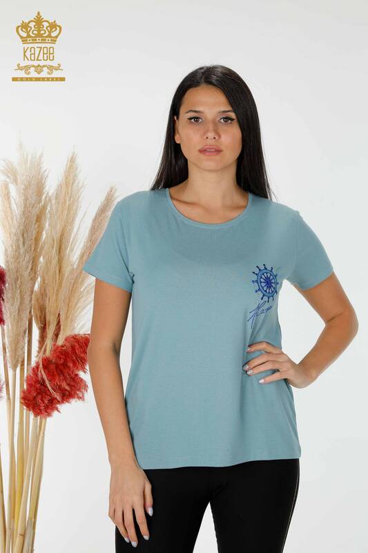 Wholesale Women's Blouse Patterned Blue - 78925 | KAZEE