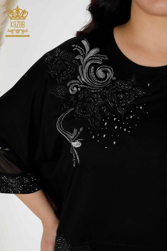 Wholesale Women's Blouse Patterned Black With Pocket - 79025 | KAZEE