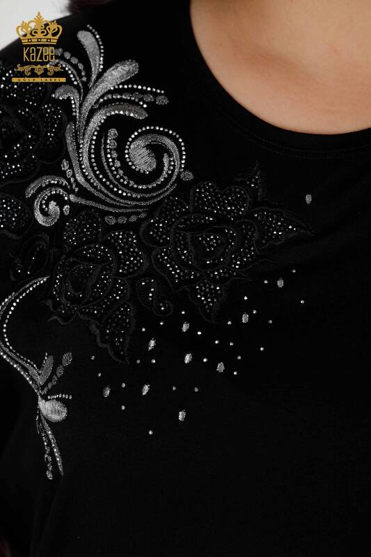 Wholesale Women's Blouse Patterned Black With Pocket - 79025 | KAZEE