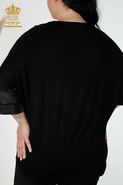 Wholesale Women's Blouse Patterned Black With Pocket - 79025 | KAZEE - Thumbnail